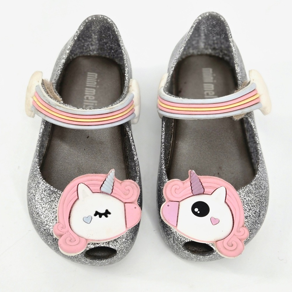 Mini Melissa Ultragirl Unicorn Silver Glitter Rainbow Mary Jane Flats Size 6 GUC